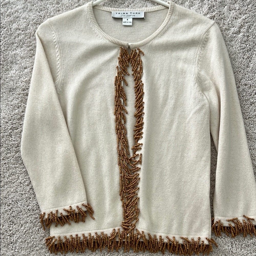 Ivory and Brown Beaded Sweater by Trina Turk